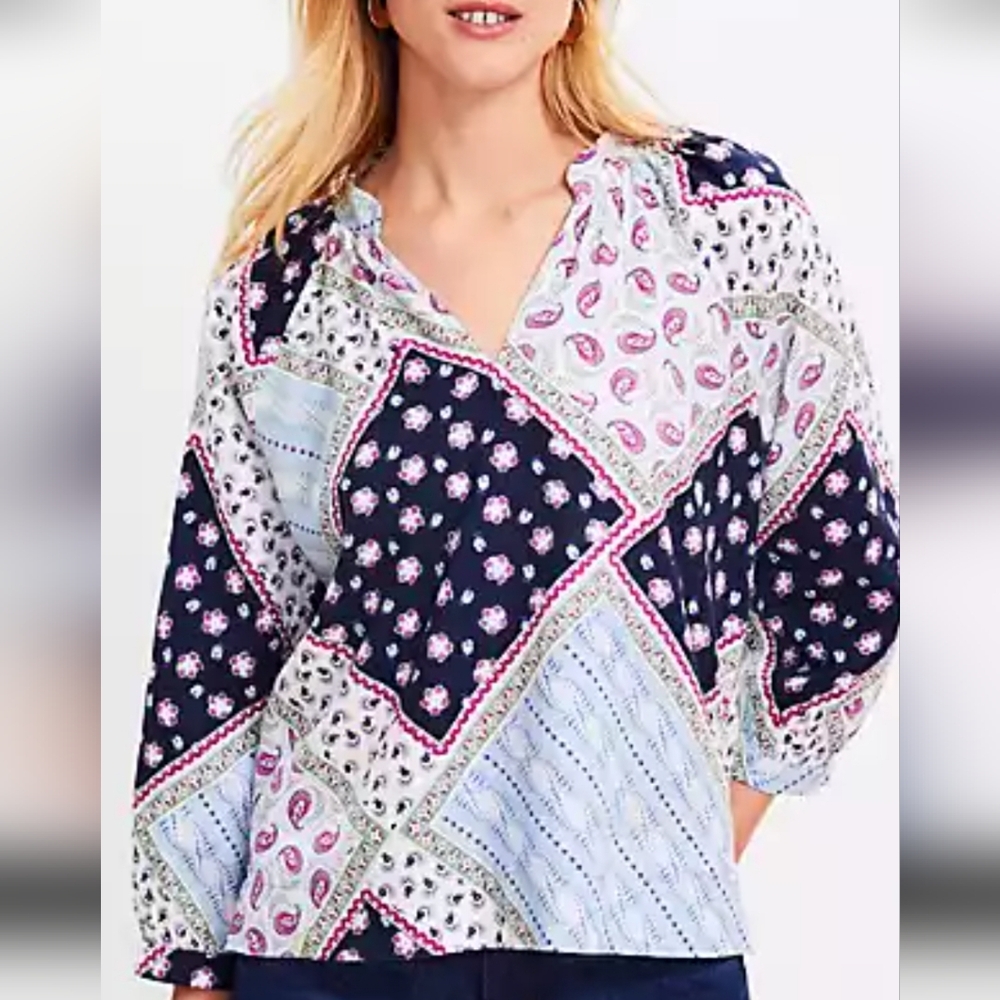 Loft Linen Blend V Neck Patchwork Top Size Small NWT